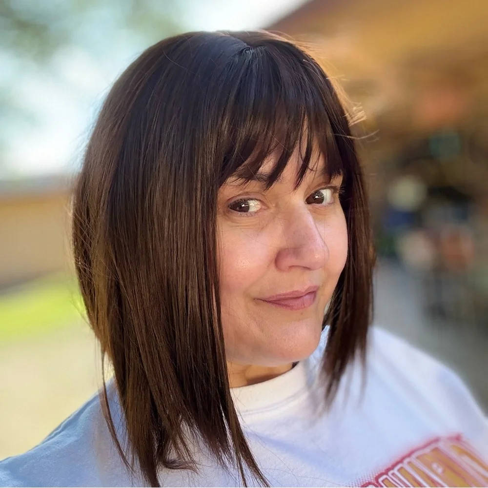HUMAN HAIR TOPPER WIG LONG STRAIGHT BROWN CLIP IN GUC BANGS